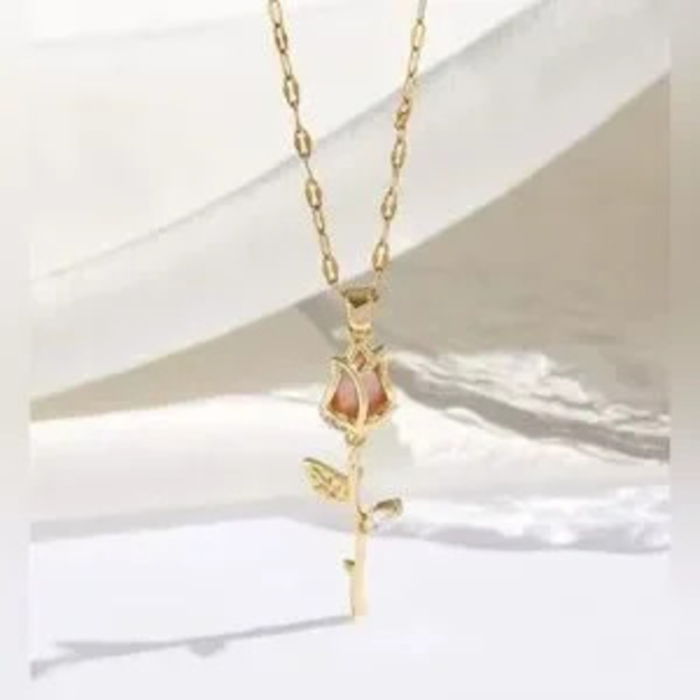 18K Gold Rose Jade Flower Long Stem Pave Diamond Accent Diamond Leaf Necklace